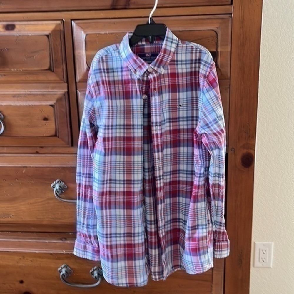 Vineyard Vines Boy’s size medium red and blue plaid shirt preloved